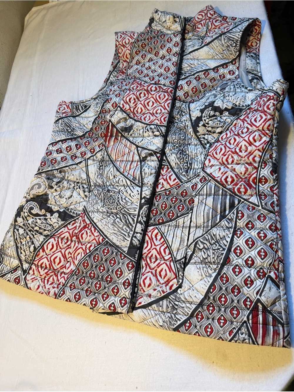 Chico's Quilted Sleeveless Vest in Red, Black & White Pattern